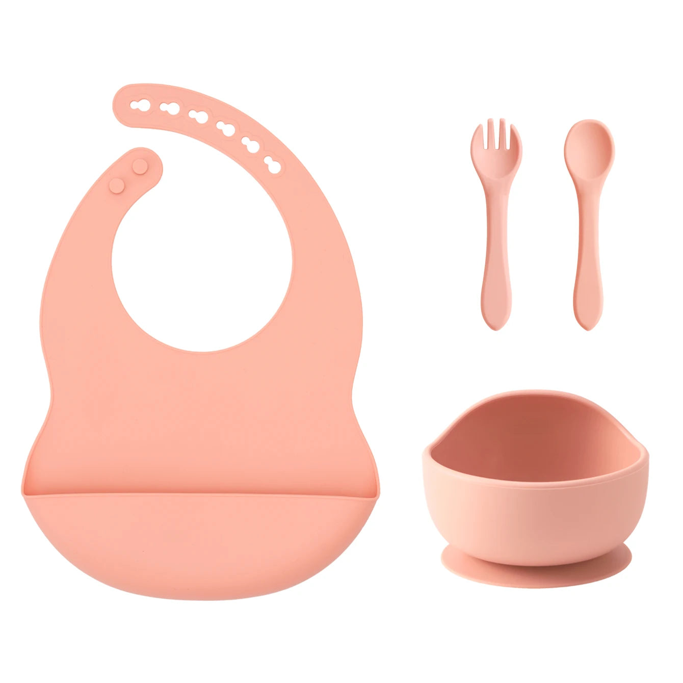 Muted Coral silicone bib, suction bowl, spoon and fork set