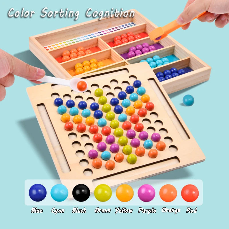 Color sorting cognition educational toy with wooden frame and colorful beads on a light blue background.