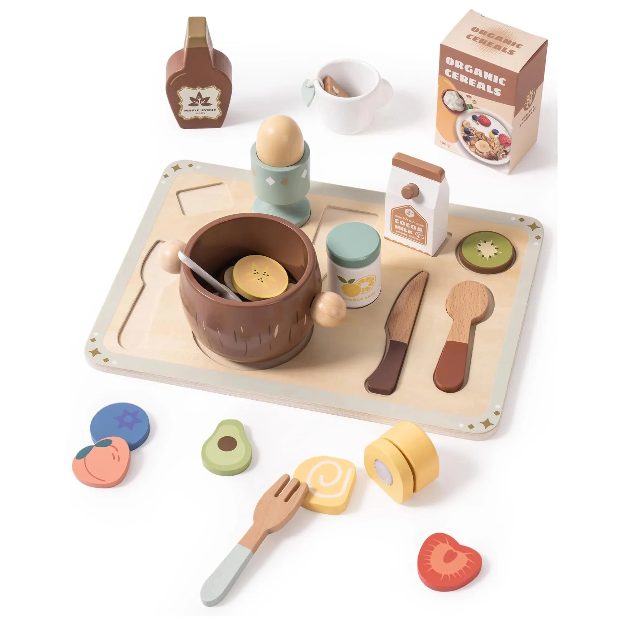 Wooden toy set with a tray, cups, and various food items on a white background