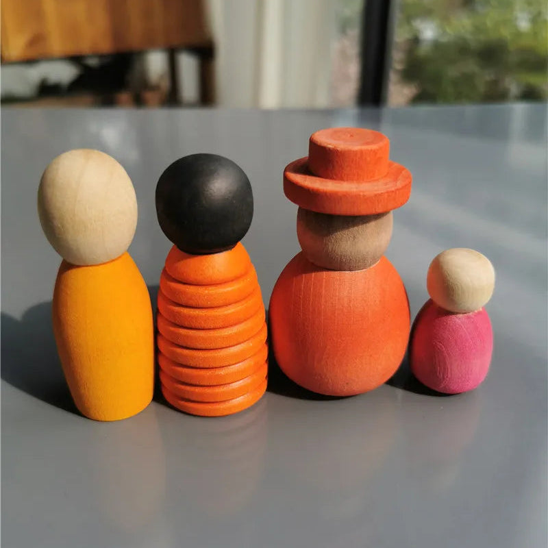 Handmade Rainbow Peg Dolls | Wooden Family Set of 12