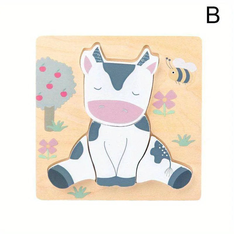 Wooden puzzle with a cartoon cow design on a beige background