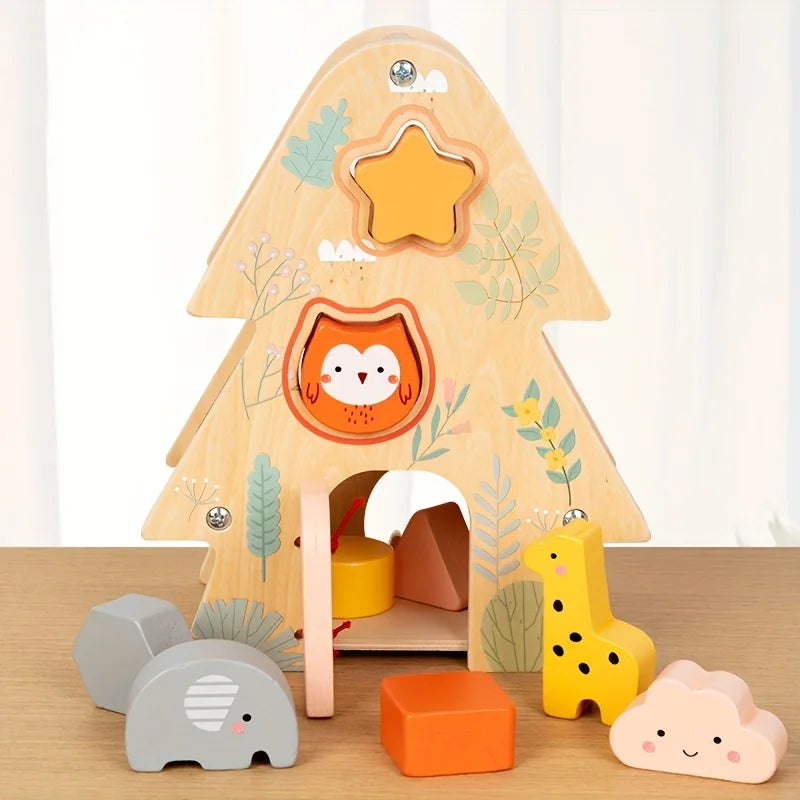 Wooden Treehouse Shape Sorter | Montessori Animal Blocks Toy