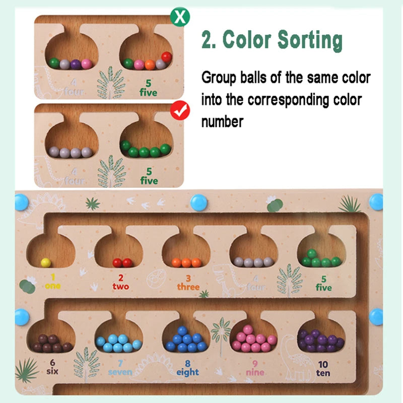 Wooden educational sorting game with colored beads and number labels on a light green background.
