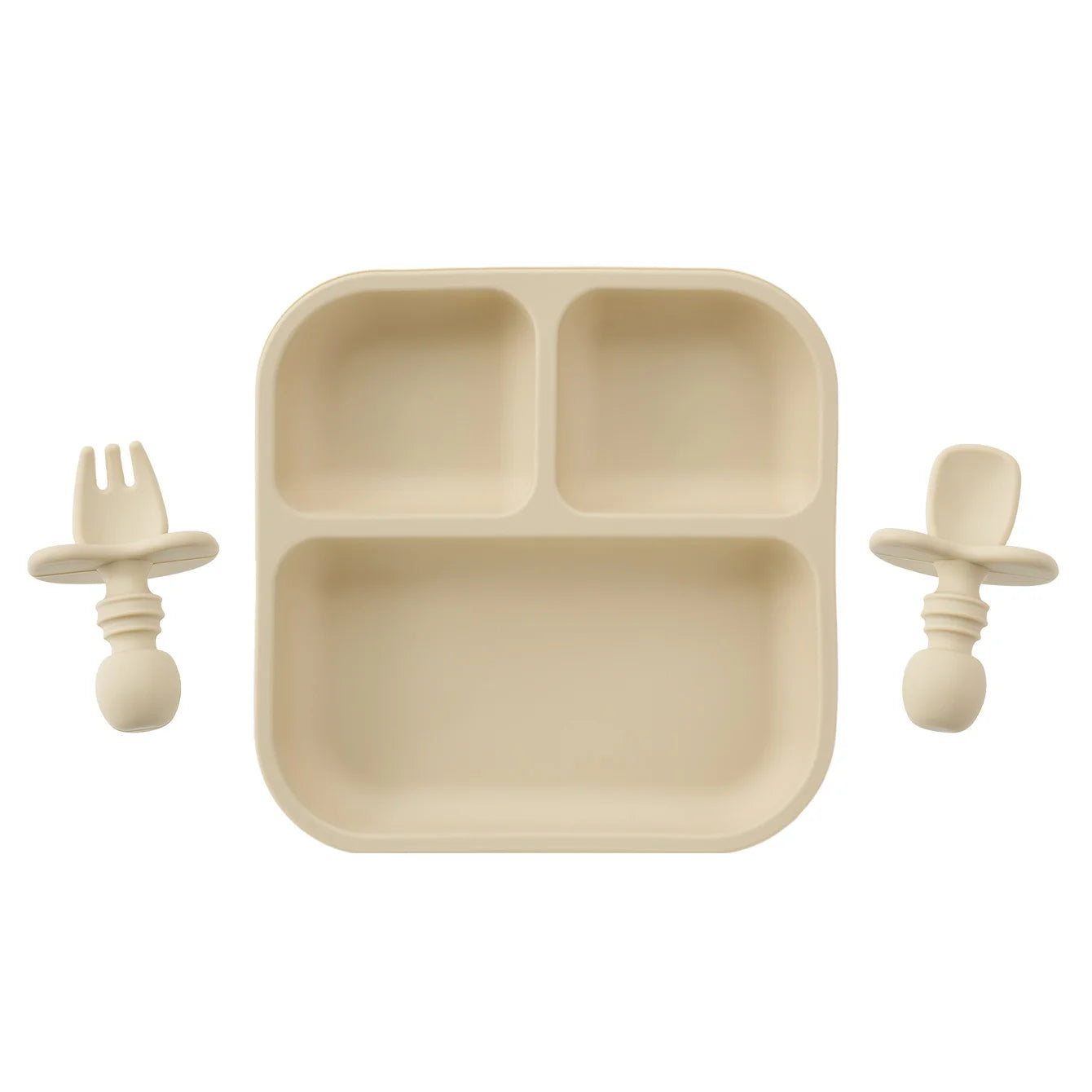 Square silicone suction plate set with spoon and fork in Beach Sand