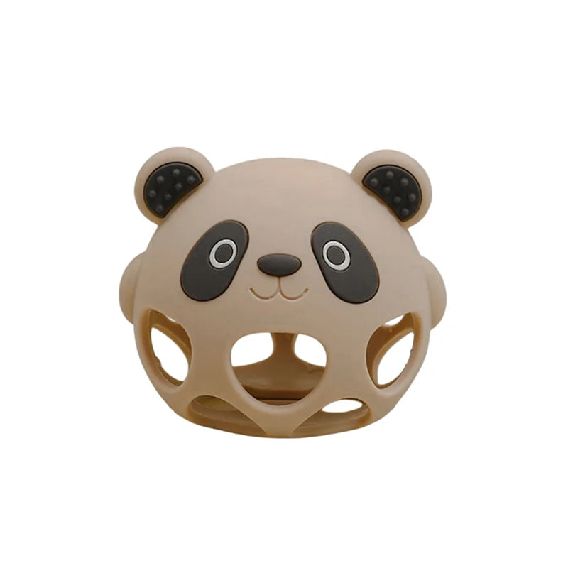 Panda-shaped toy with a beige body and black ears on a white background