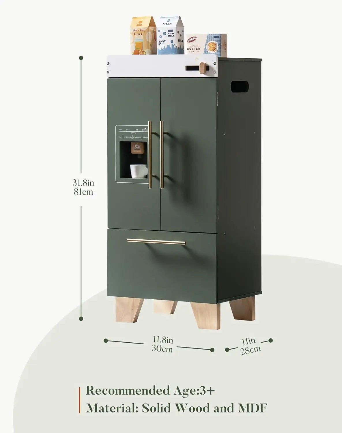 Green cabinet with measurements and product details on a white background