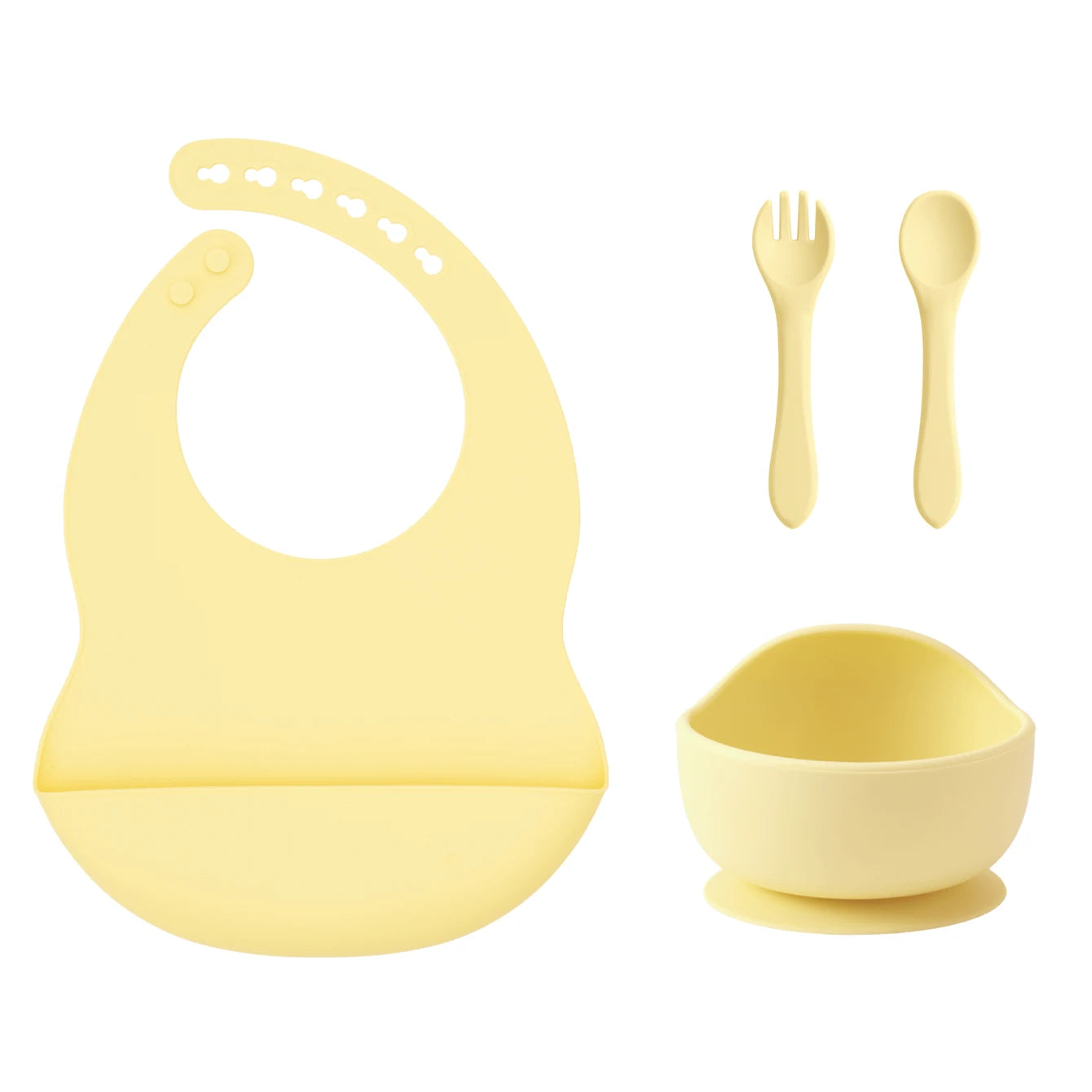 Light Yellow silicone bib, suction bowl, spoon and fork set