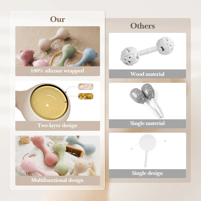 Comparison of baby toys with different materials and designs on a light background.