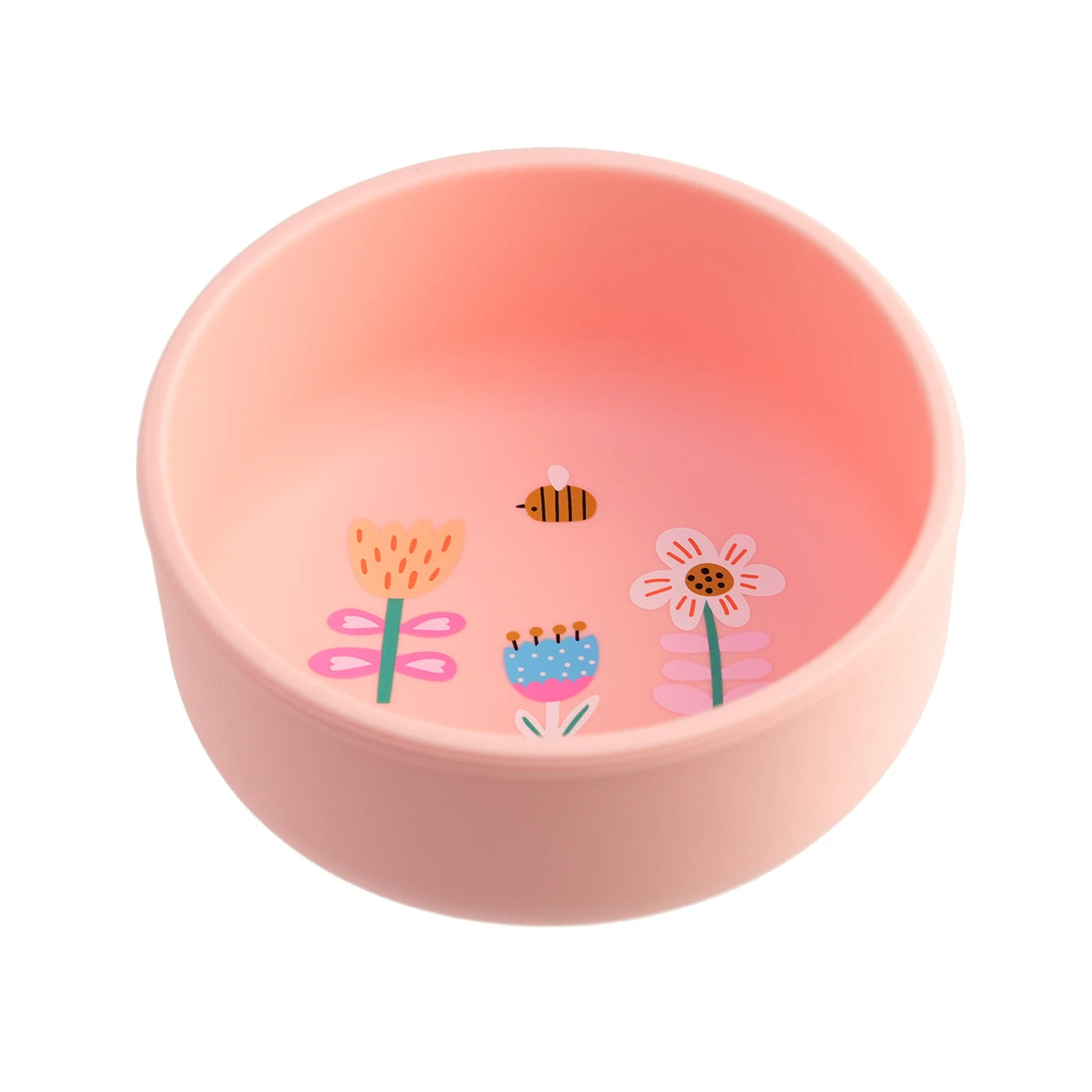 Pink silicone weaning bowl with flower and bee print