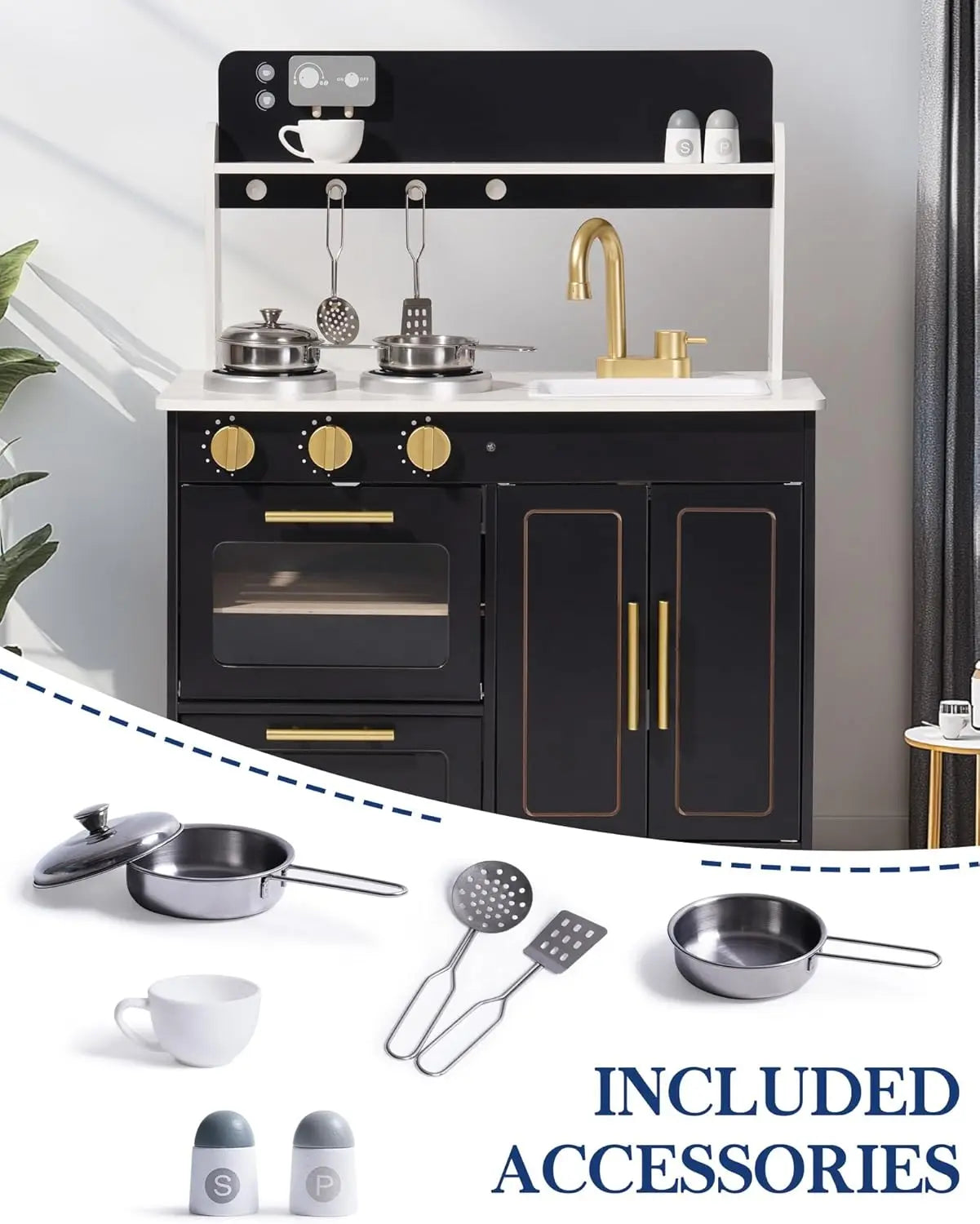 Black play kitchen set with gold accents and included accessories on a white background