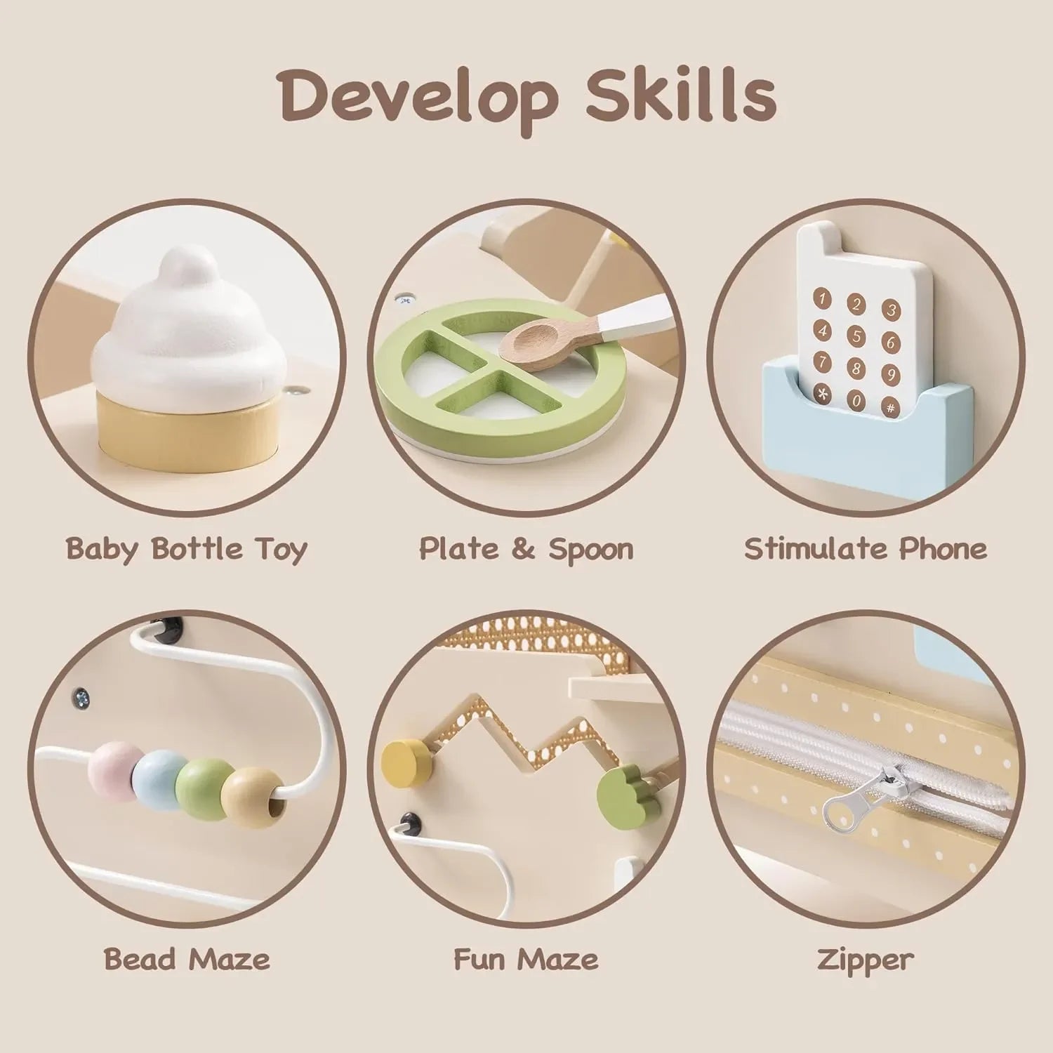 Educational toys for skill development with labels on a beige background