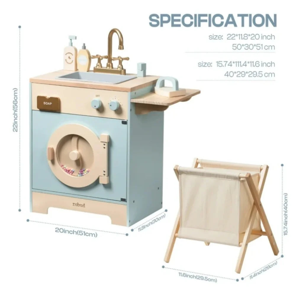 Wooden play kitchen set with washing machine and sink, including dimensions on a white background.