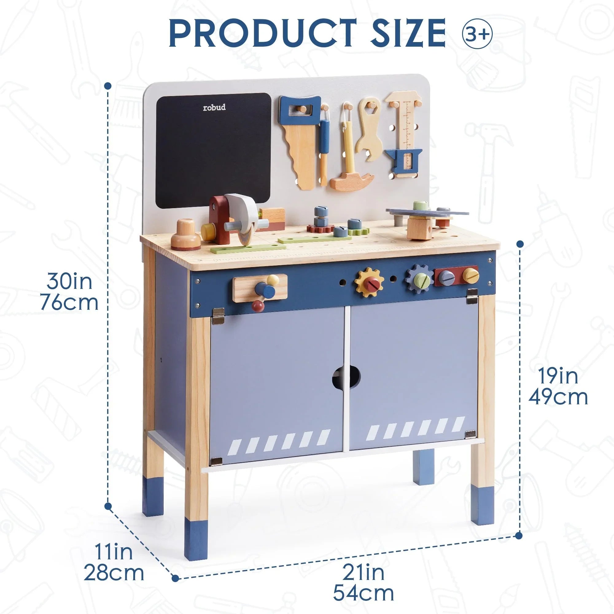 Wooden play kitchen set with tools and measurements on a white background