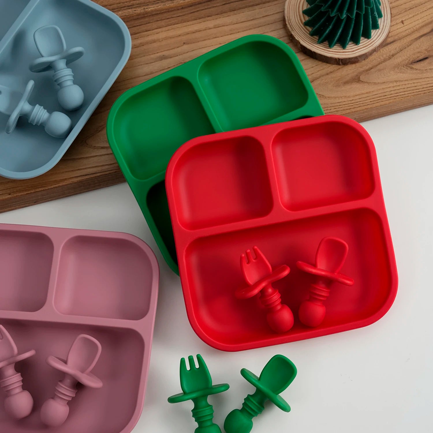 Red, green and pastel square silicone suction plates with matching spoon and fork
