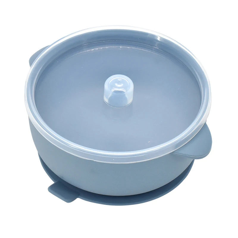 Grey blue two-handle suction bowl with clear lid