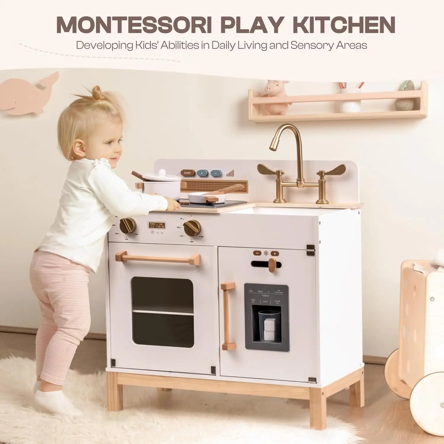 Child playing with a Montessori play kitchen set in a bright room.