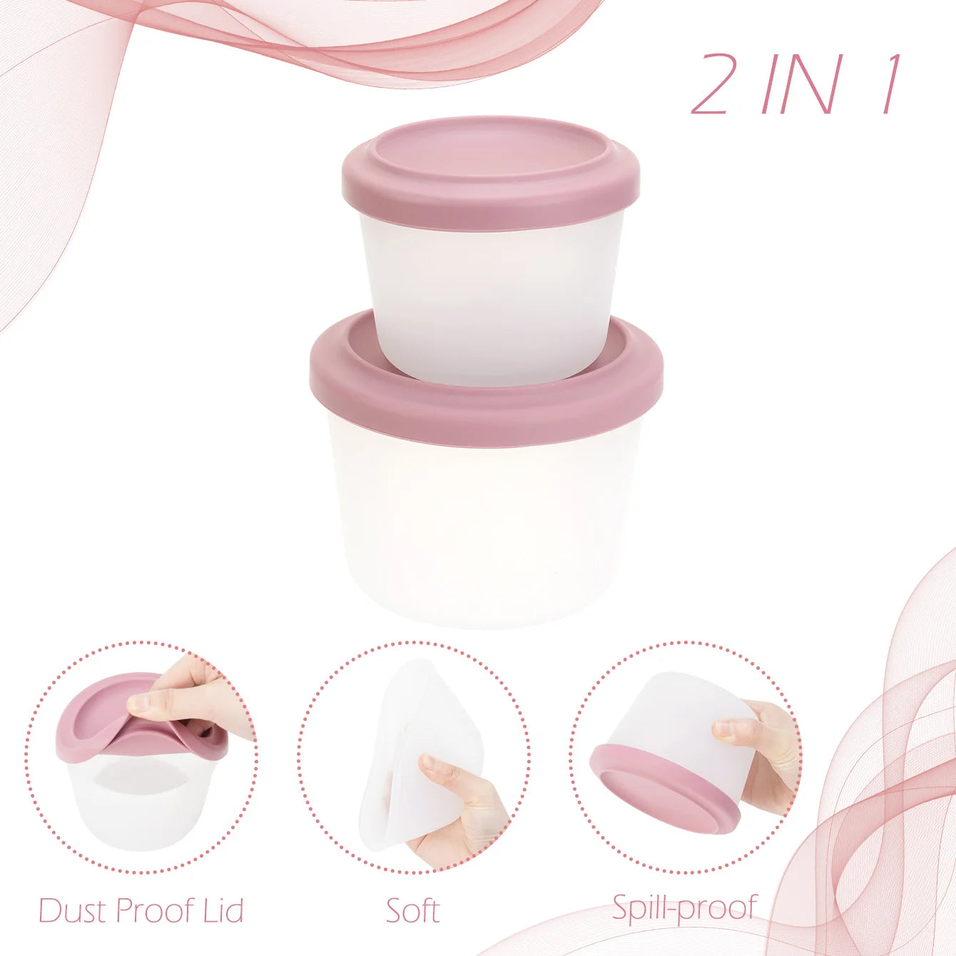 Nesting round silicone containers with dust proof, soft, spill proof lids
