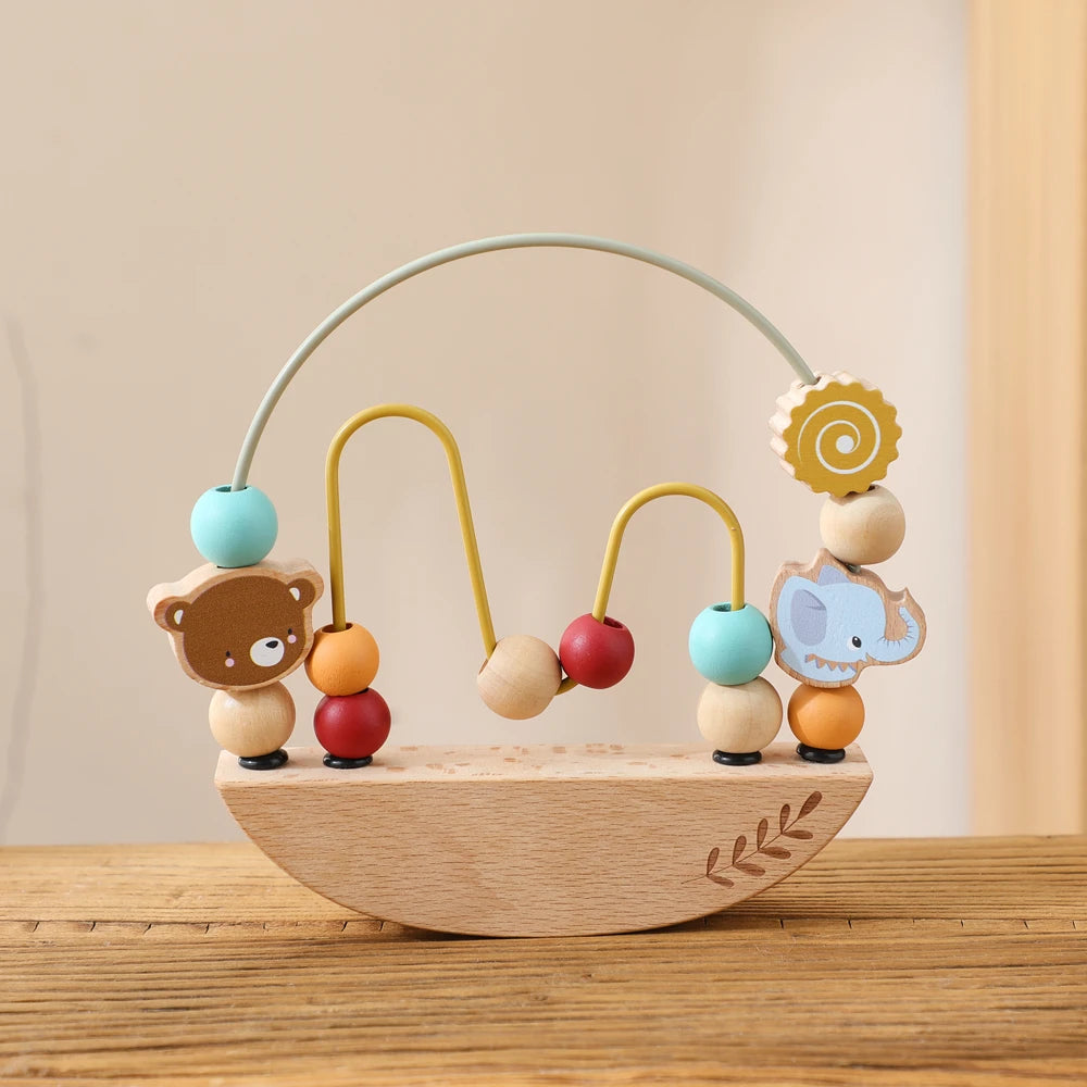 Wooden animal bead maze with bear and elephant on a beech base