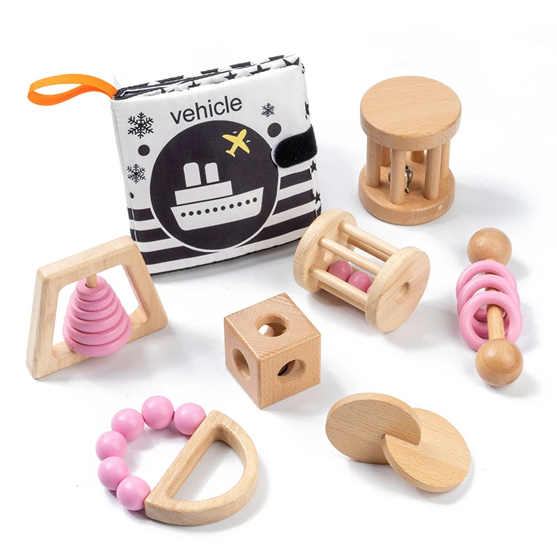 Montessori Wooden Baby Rattle Set with Soft Sensory Book | Oliver Montessori Toys