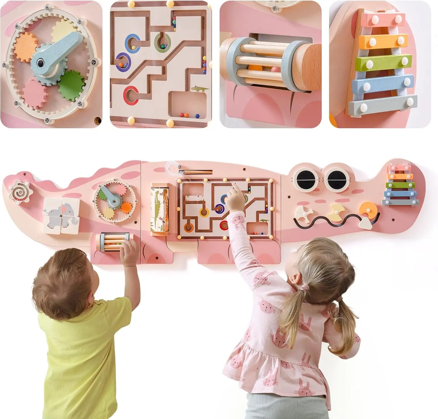 Children playing with a pink wall toy panel featuring various interactive elements.