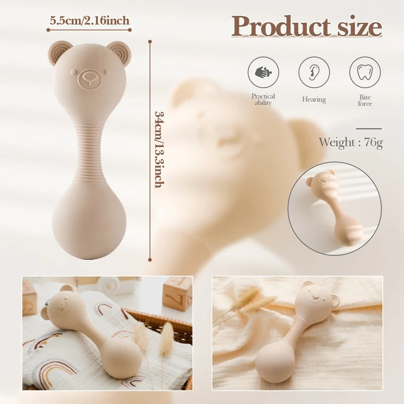 Baby teething toy with measurements and features on a light background