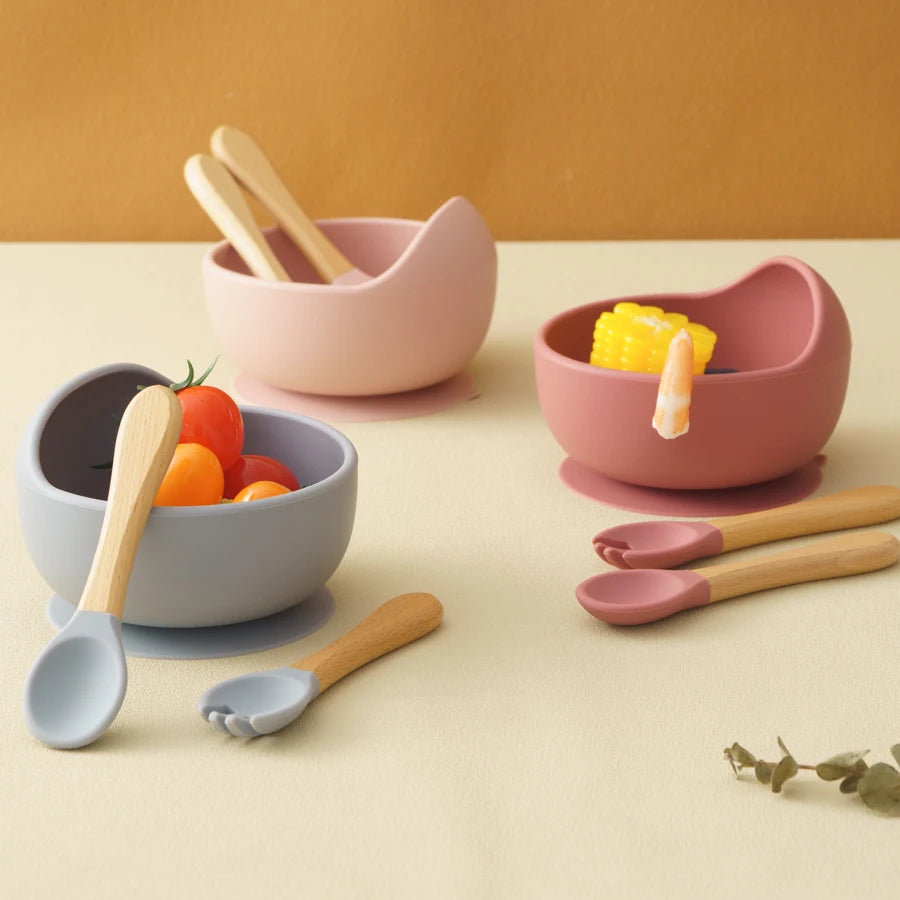 3Pcs Silicone Baby Feeding Set – Suction Bowl + Spoon & Fork