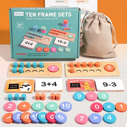 Ten Frame Sets Math Game with colorful objects and a storage bag, designed for hands-on math learning and skill development, displayed on a table.