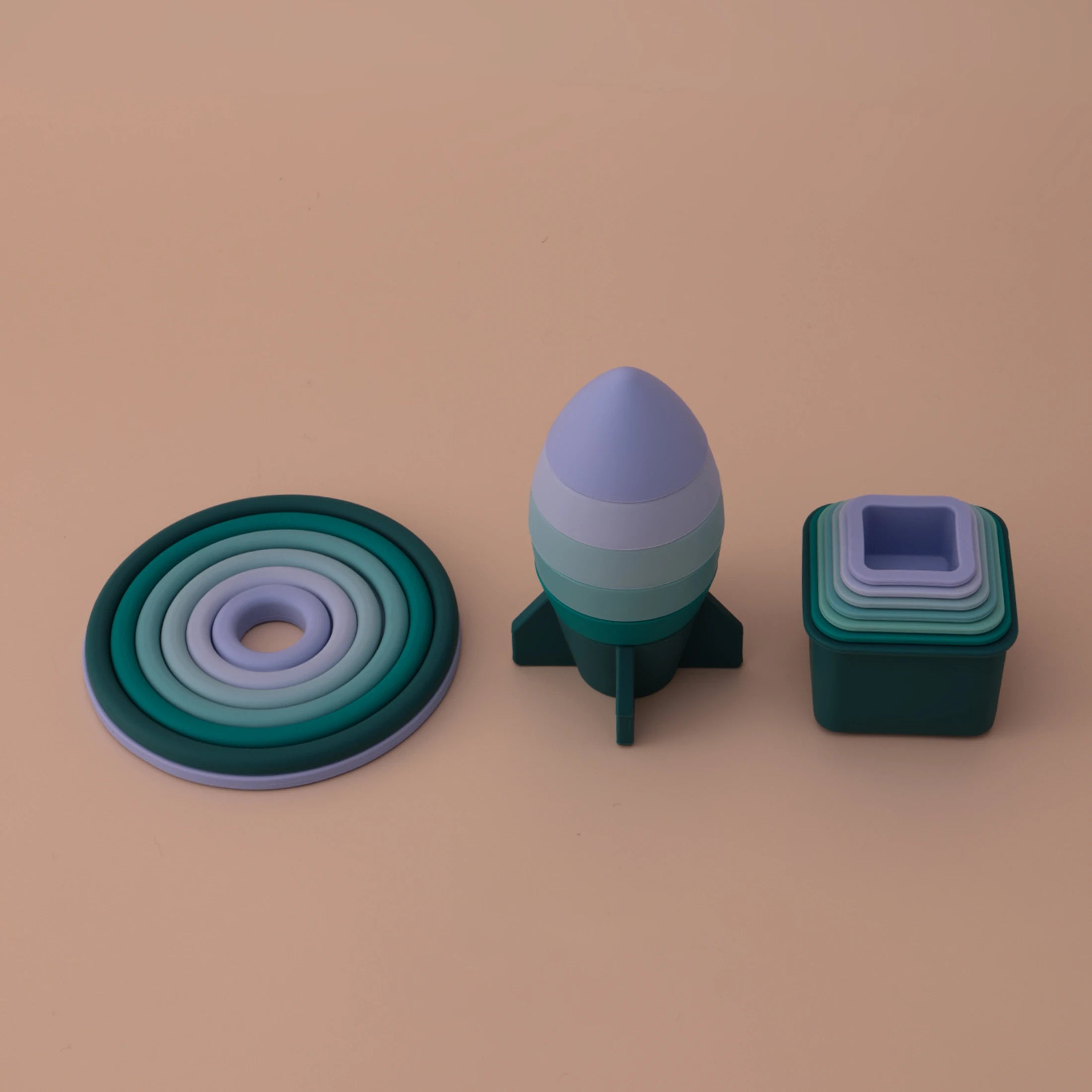 Silicone stacking rings, rocket stacker and nesting cups