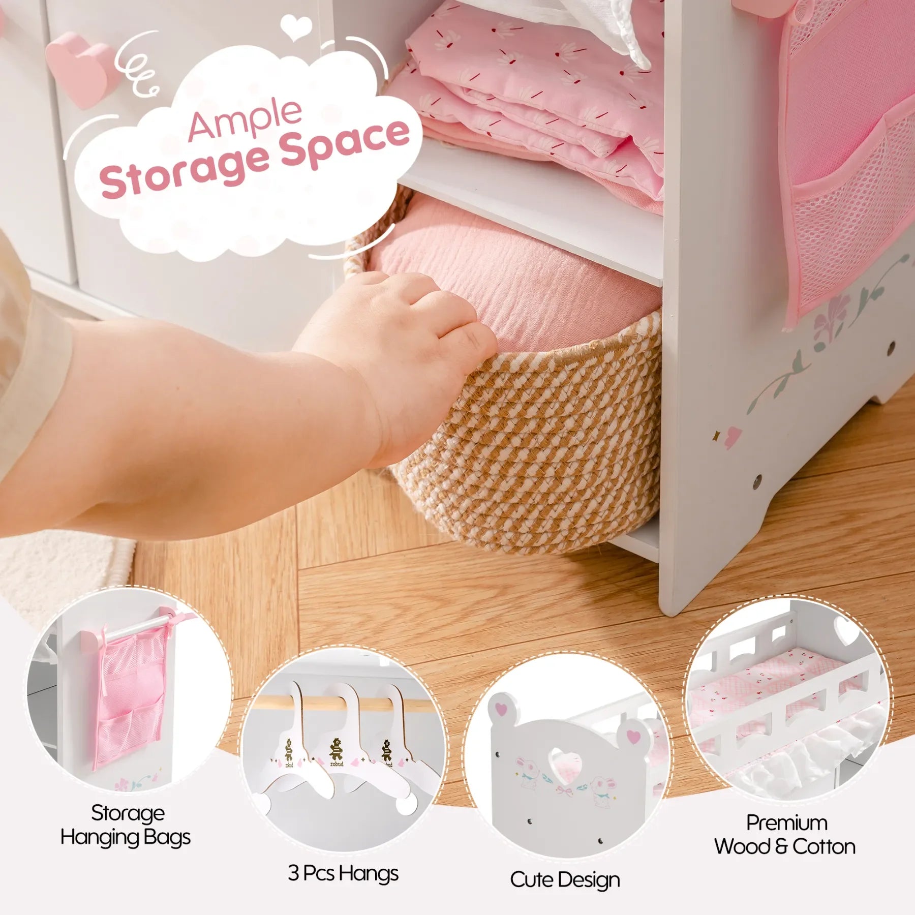 Children's storage unit with ample space, hanging bags, and premium wood & cotton materials.