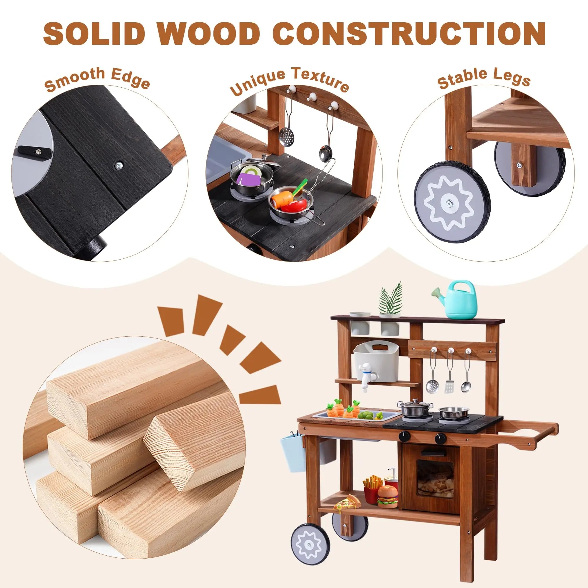 Wooden Mud Kitchen with Wheels - Outdoor Play Kitchen on Cart