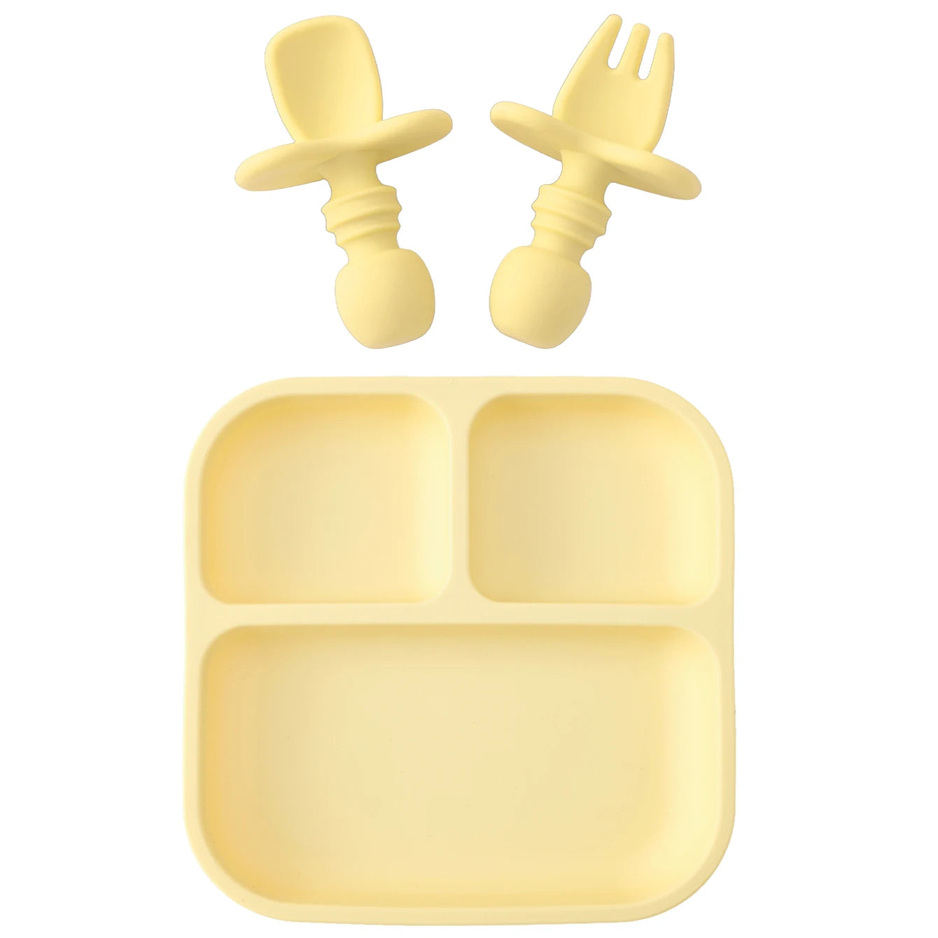 Yellow children's plate with fork and spoon on a white background