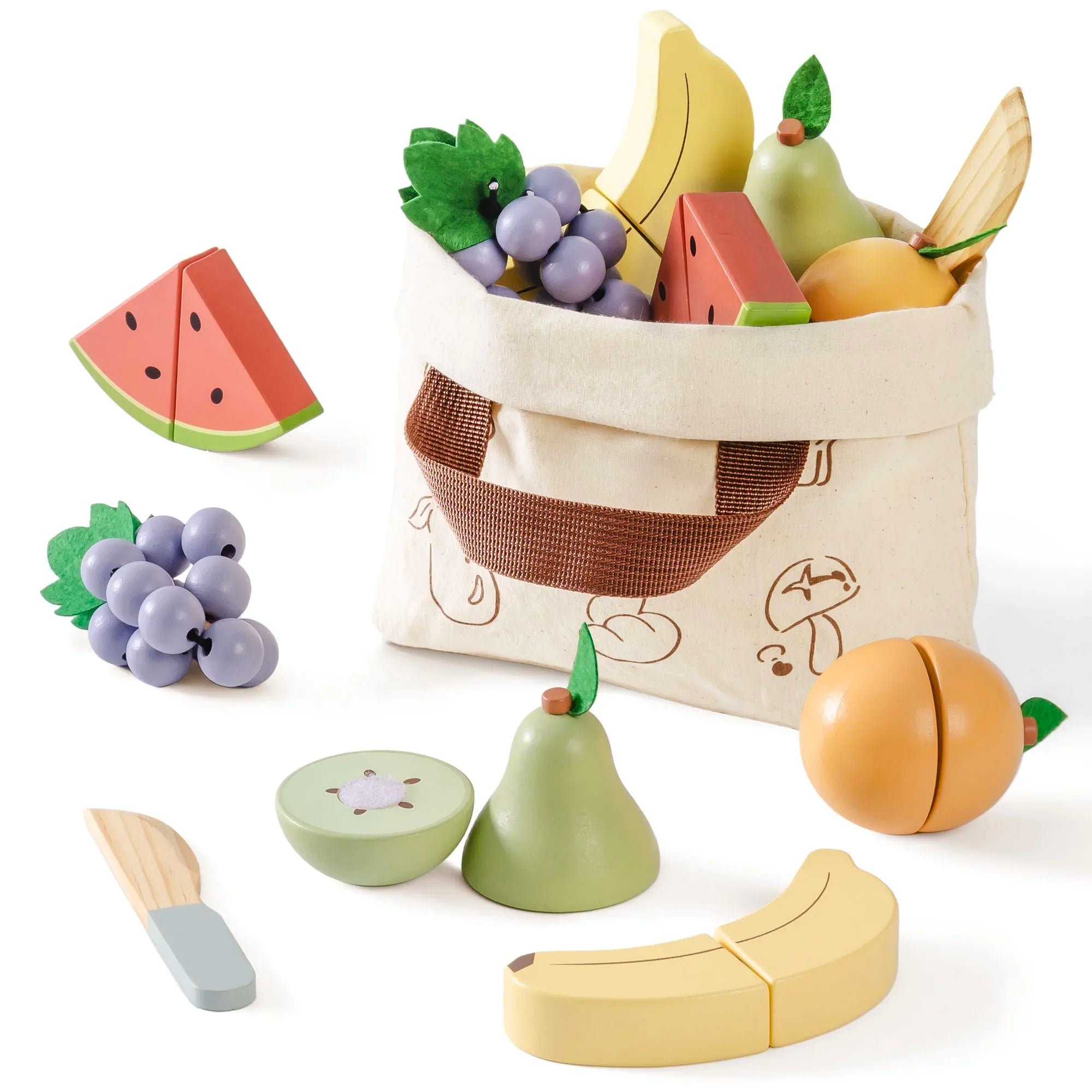 Wooden toy fruit set with a bag on a white background