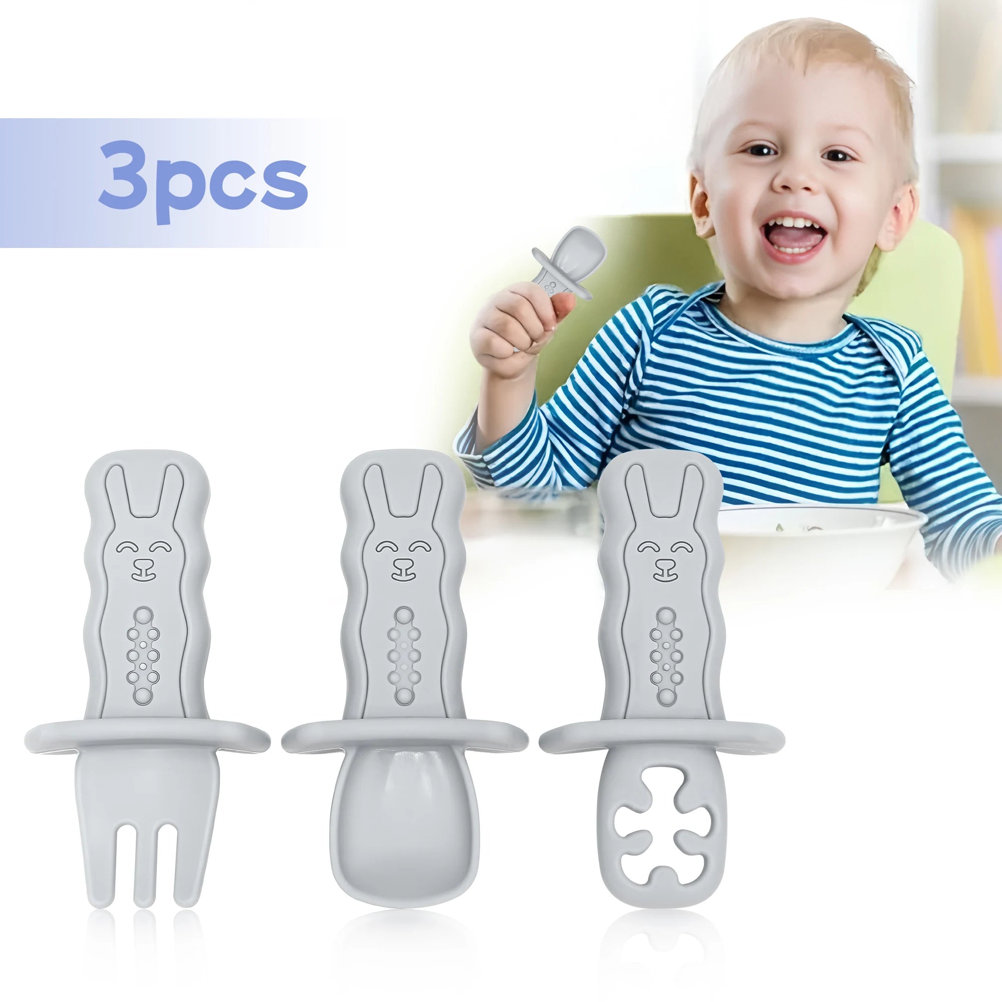 Three baby feeding utensils with a smiling baby holding one in the background.
