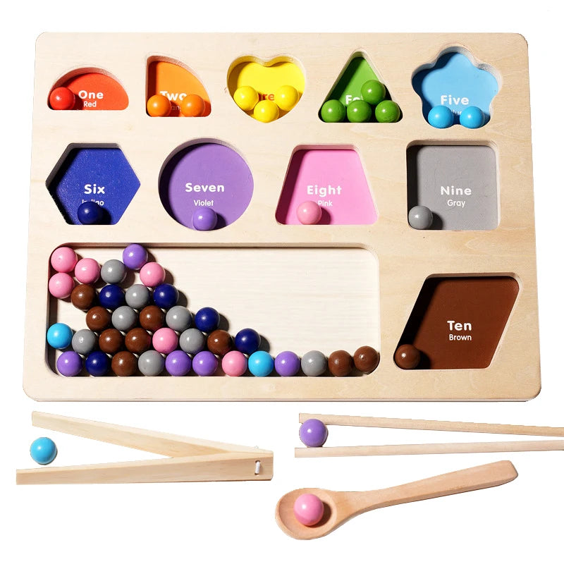 Montessori Shape & Color Sorting Math Game with colorful wooden balls and shapes, designed for enhancing motor skills and early math learning.