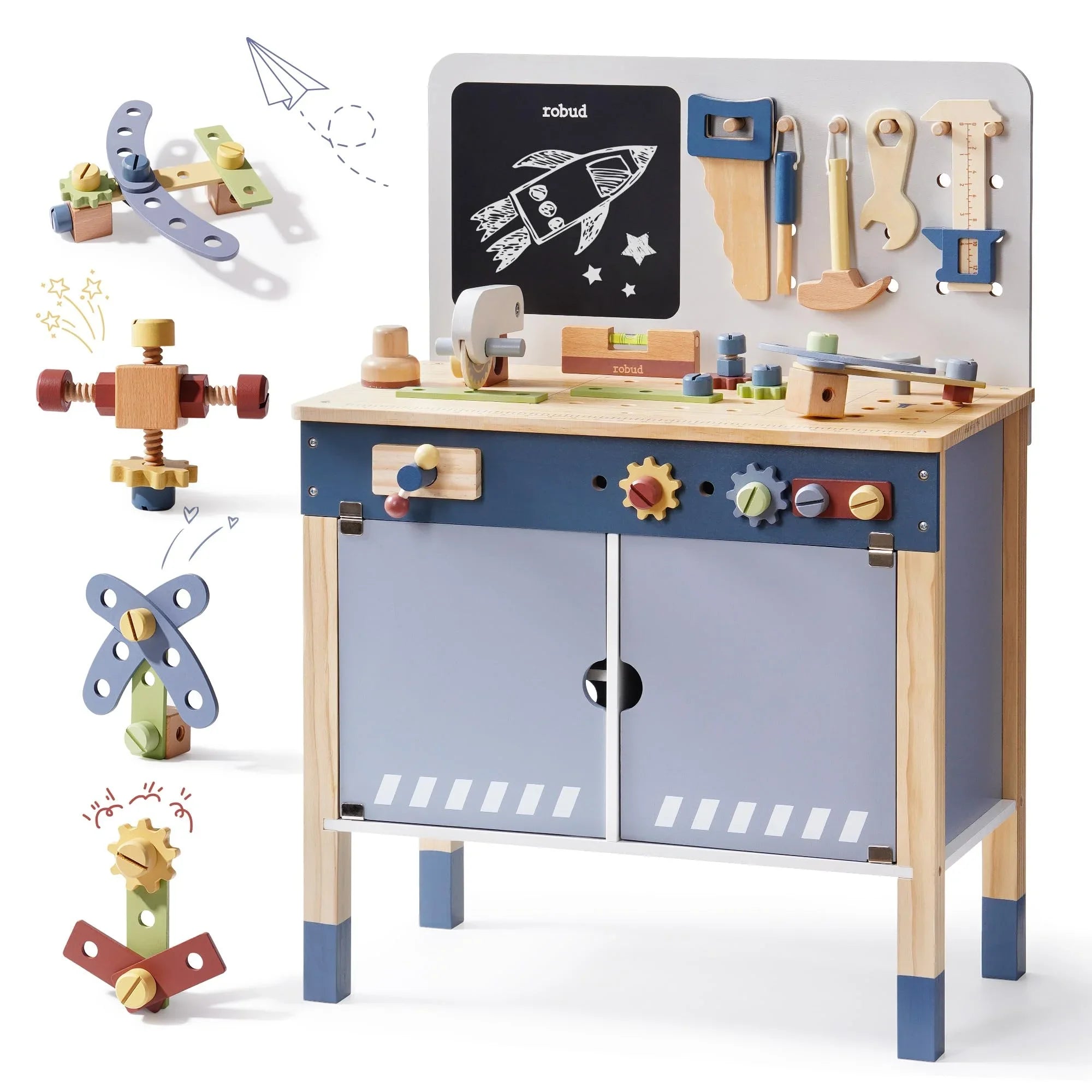 Children's toy workshop with tools and a chalkboard on a white background