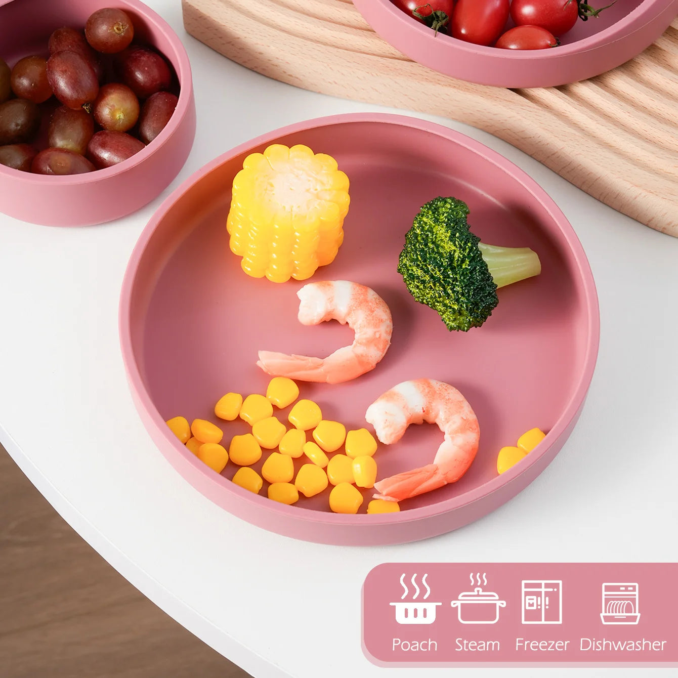 Rose silicone plate with corn, shrimp and broccoli