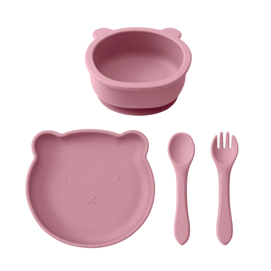 Powder Rose bear plate and bowl set with spoon and fork