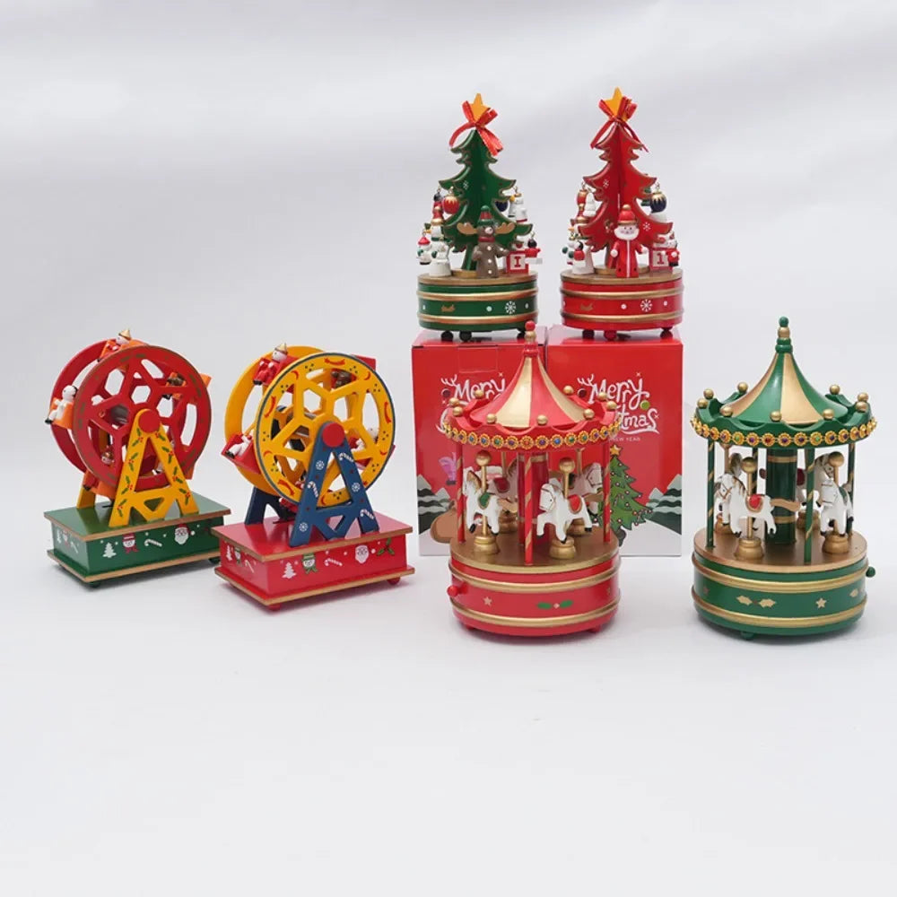 Set of colorful Christmas-themed miniature models on a white background