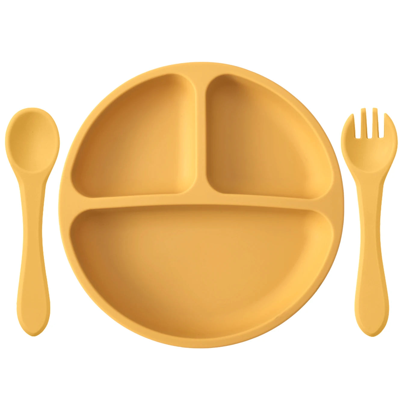 Mustard round divided plate with matching spoon and fork