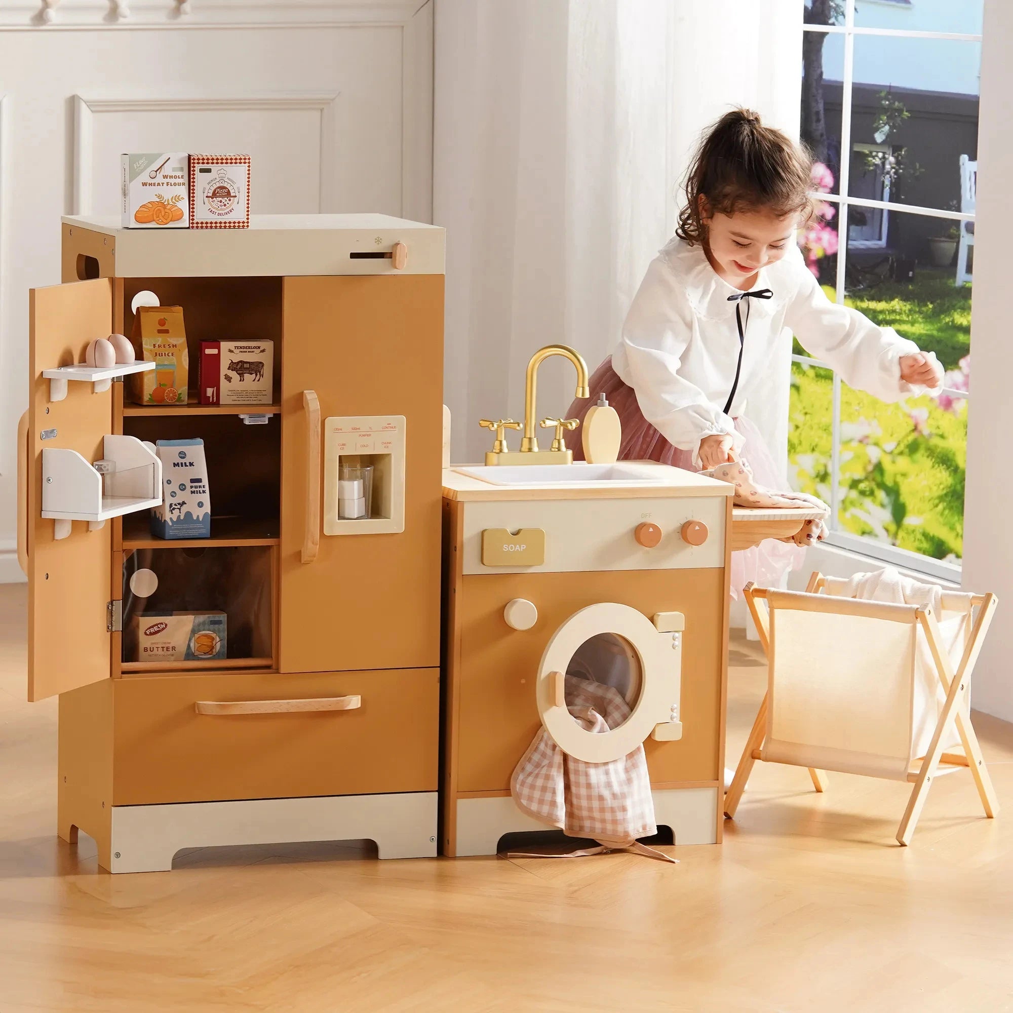 Wooden Play Kitchen Set - Kitchen, Dishwasher, Refrigerator & Washing Machine