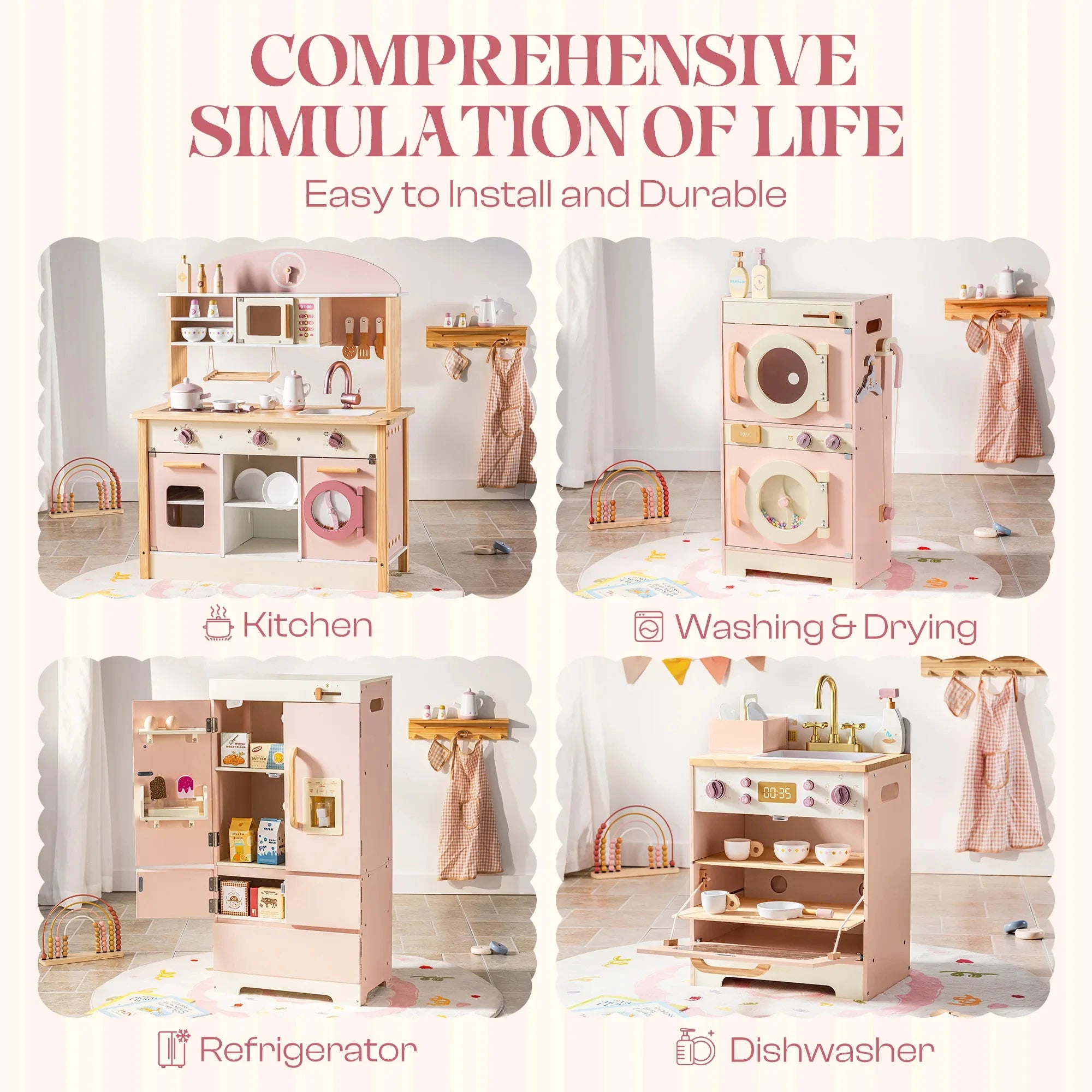 Complete Pink Wooden Kitchen Play Set