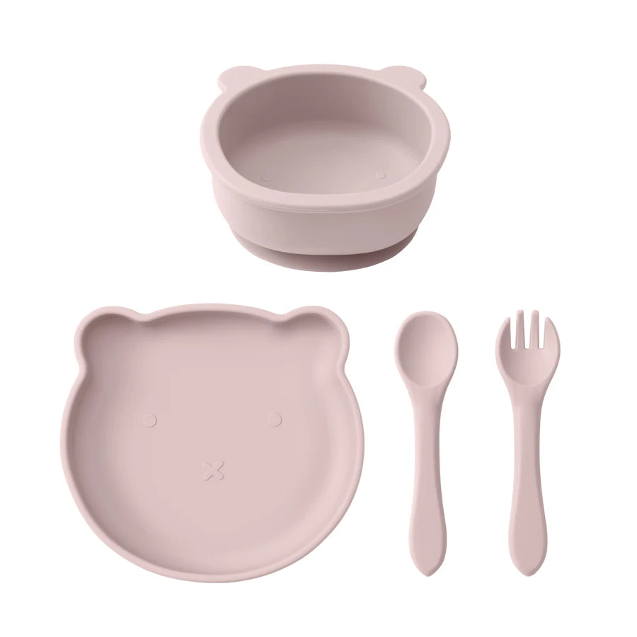 Dusty Lilac bear plate and bowl set with spoon and fork