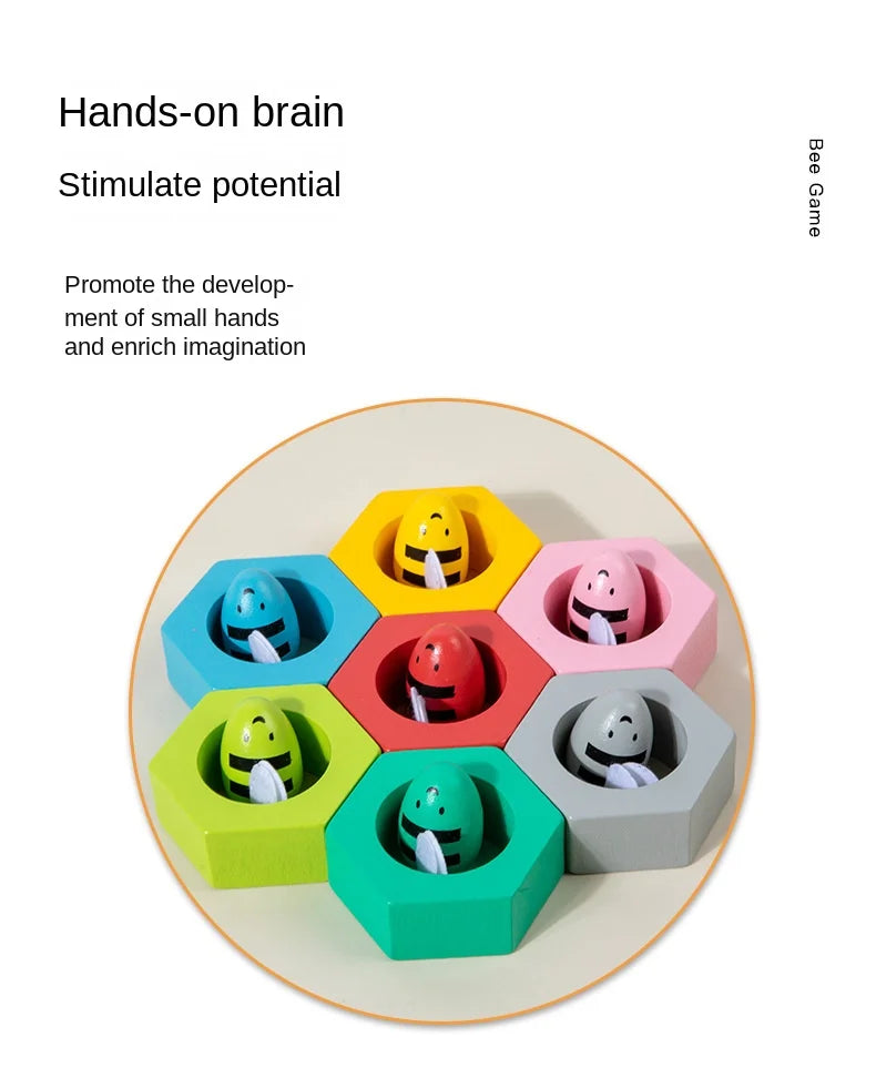 Colorful hexagonal puzzle toy with small figures inside, promoting hand development and imagination.