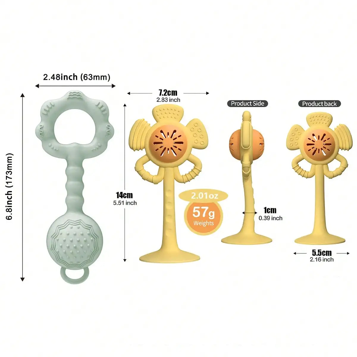 Baby teething toy set with dimension labels and weights on a white background. The set includes a pale mint green teething ring with a textured ball at the bottom and two yellow flower-shaped toys with suction cups and central circular openings.