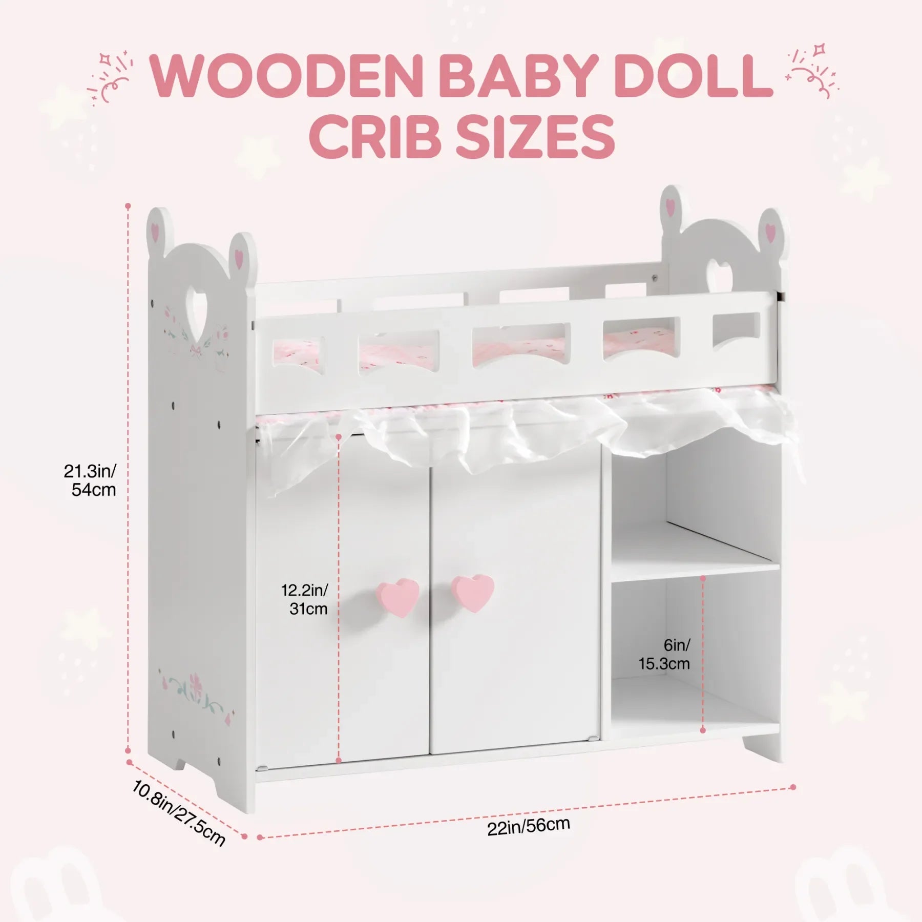 Wooden baby doll crib with dimensions on a white background