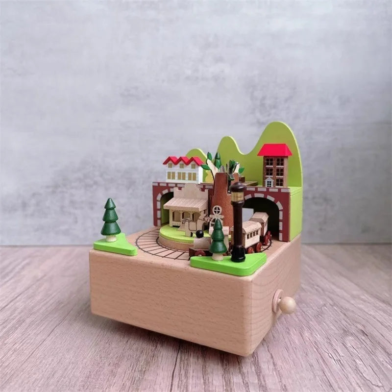 Wooden Forest Train Music Box – Wind-Up Clockwork Village Scene | Oliver & Company Montessori Toys