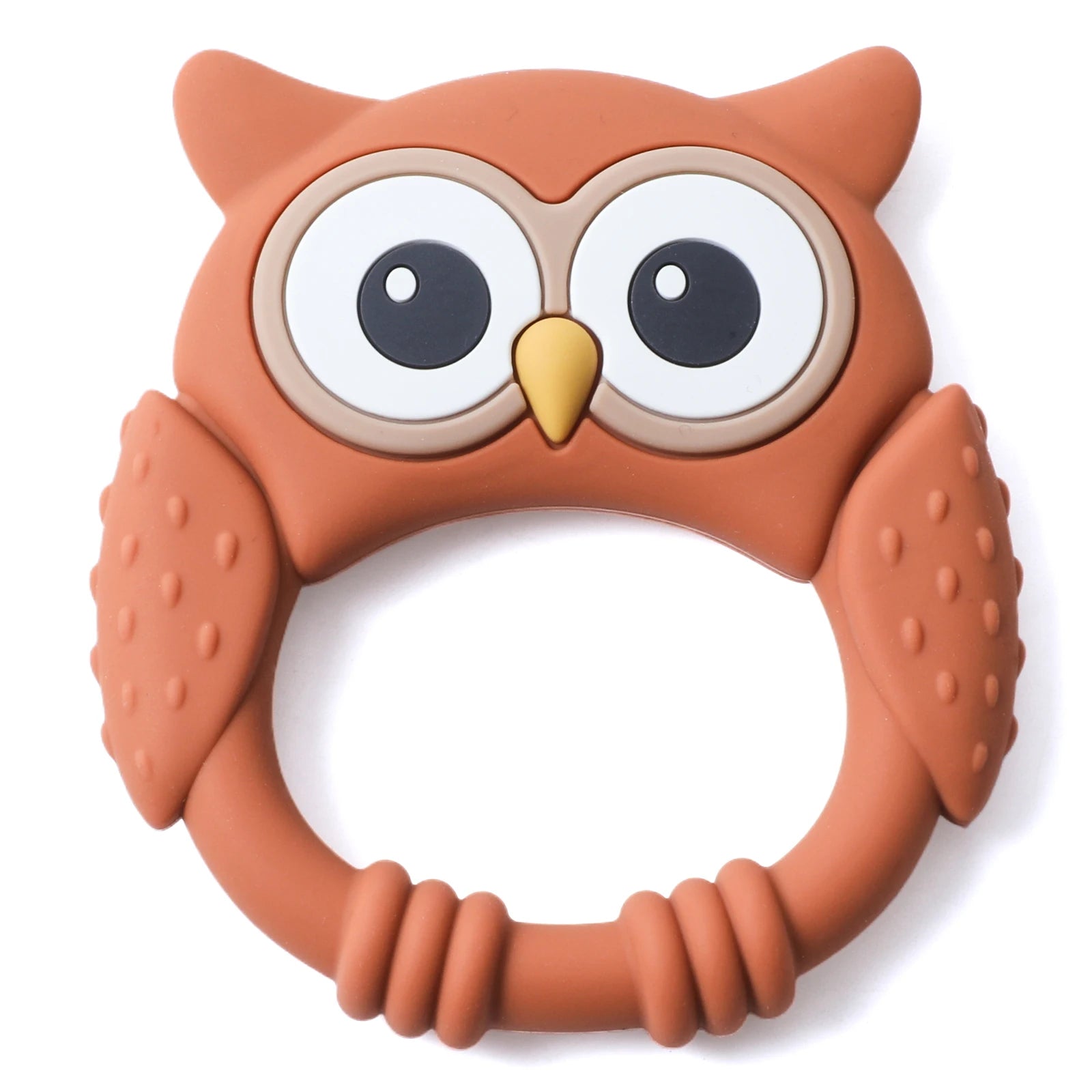 Brown owl-shaped teething ring on a white background