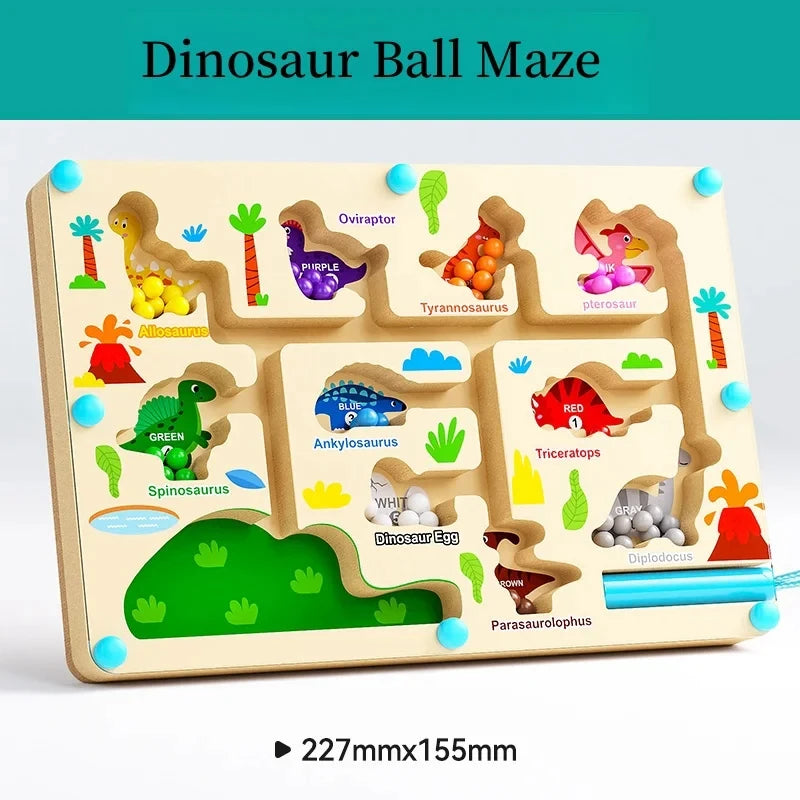 Dinosaur-themed ball maze toy with colorful balls on a light gray background
