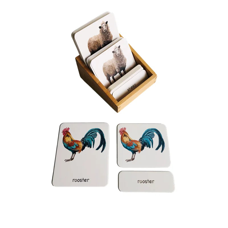 Montessori Farm Animals 3 Part Cards with Bamboo Tray 