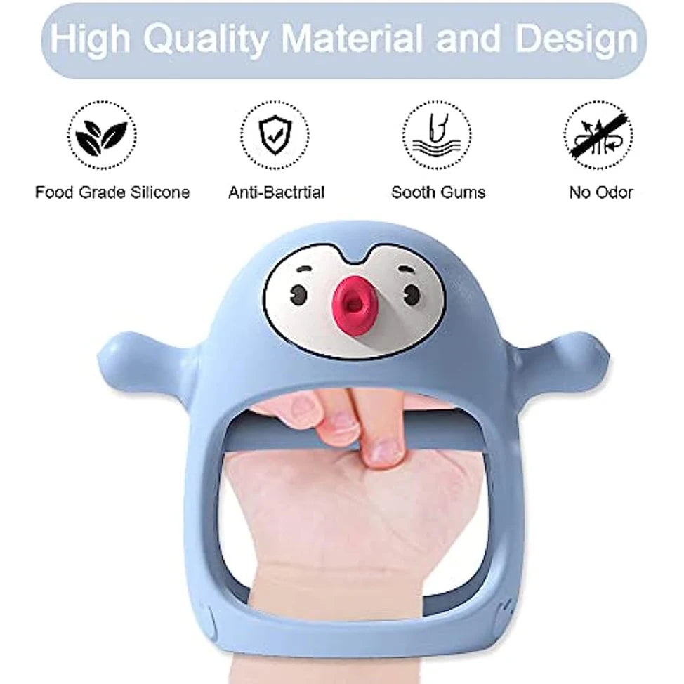 Blue cartoon character hand held toy with text highlighting material and design features on a white background.